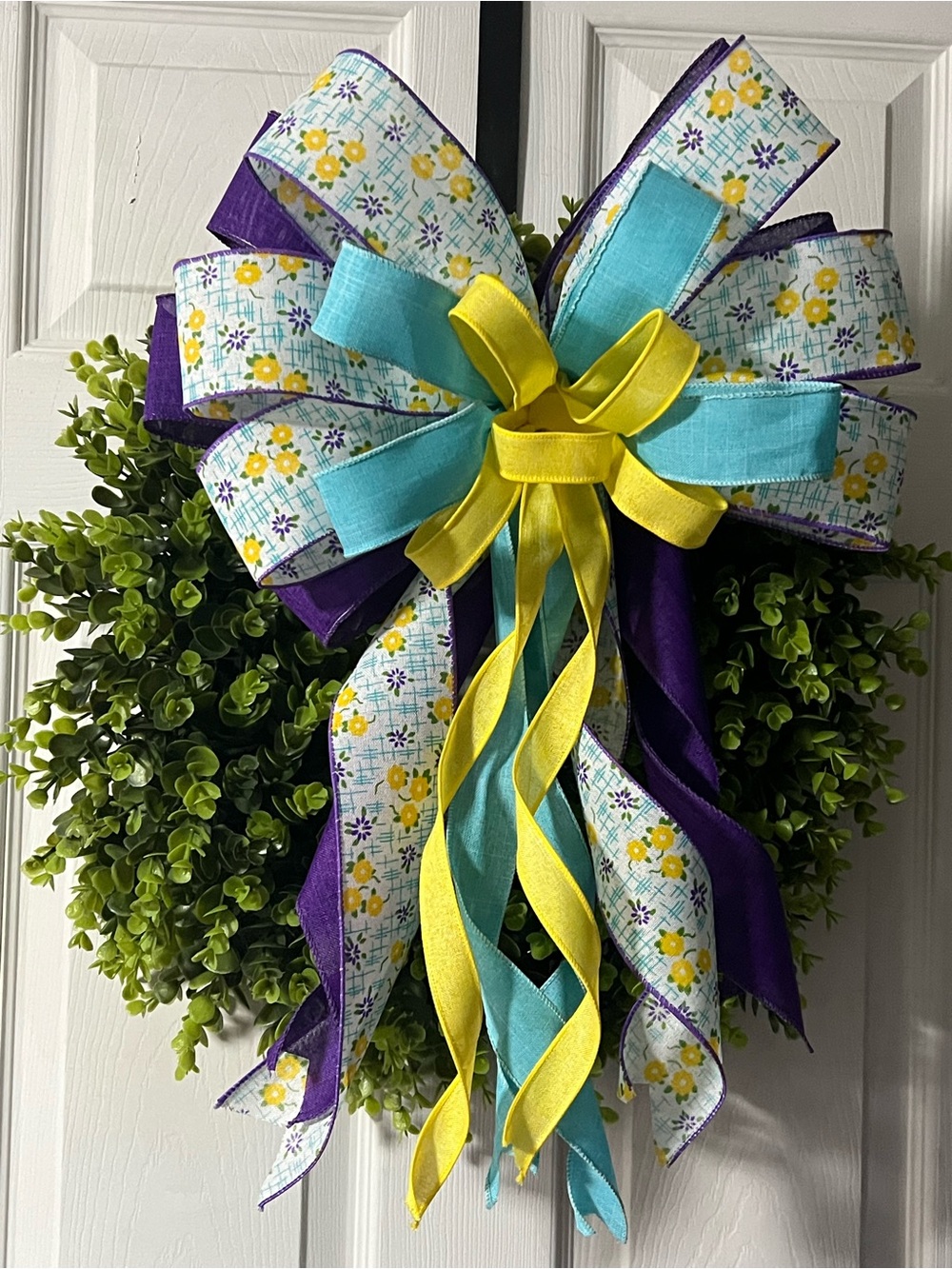 Spring Floral Ribbon Bow Wreath Accent in Turquoise, Yellow & Purple